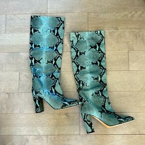 Paris Texas Blue Snake Print Heeled Boots